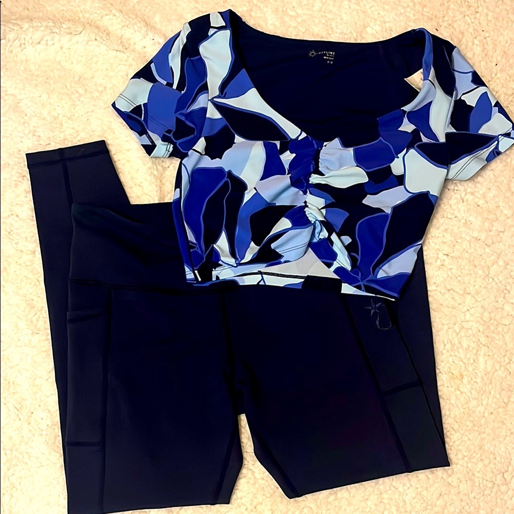 aerie Blue Multi Ruched Crop Top
